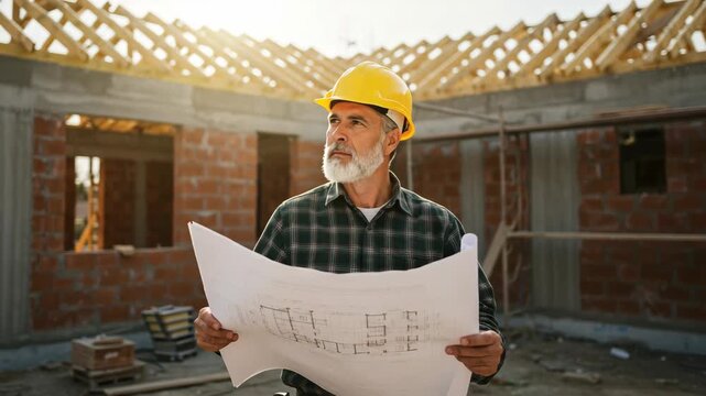 Builder in Yellow Hard Hat Reviewing Blueprints at Construction Site with Unfinished Brick Walls and Exposed Wooden Roof Structure on a Sunny Day