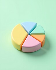 Obraz premium A colorful 3D pie chart with five pastel-colored segments isolated on a light green background.