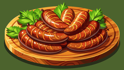Very beautiful semi-realistic vector illustration of grilled sausages arranged on a rustic wooden plate, showcasing golden-brown textures, juicy interiors, and a warm, inviting presentation on a table