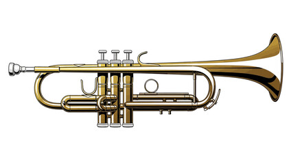 Shiny gold brass trumpet, a musical wind instrument, isolated on a white background for jazz and orchestra