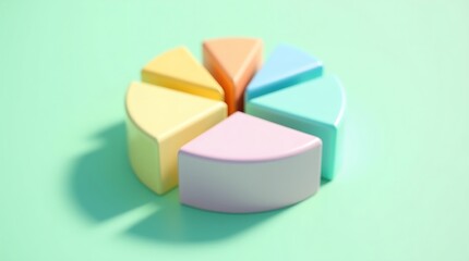 A three-dimensional pie chart with six colorful pastel slices on a light green background.