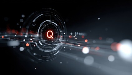 Futuristic digital interface with glowing red letter 'Q' at the center. Futuristic digital interface with glowing red letter 'Q' at the center