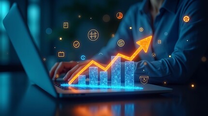 Businessperson analyzing digital data on a laptop, with a glowing holographic bar chart showing upward growth and success.