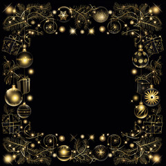 Świąteczne, czarne tło ze złotym obramowaniem z gałązkami świerku, bombkami , prezentami