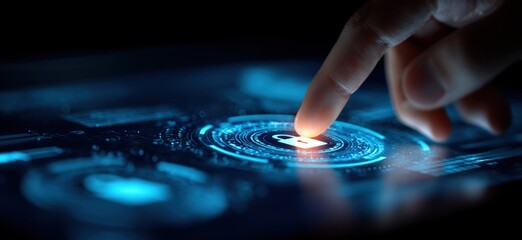 Finger touches glowing digital lock icon on futuristic interface
