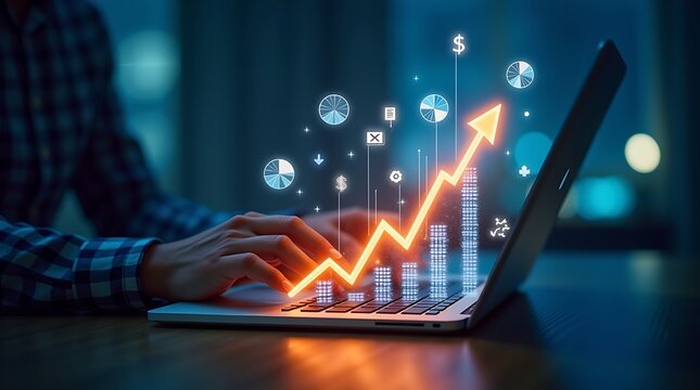 Businessman analyzing financial data on a laptop with a glowing upward trend chart.