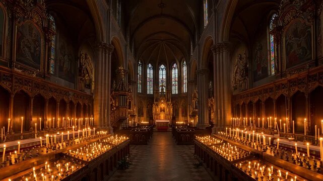 Ornate Church Interior with Glowing Candles and Stained Glass Windows Illuminating the Sacred Space Gothic Architecture and Traditional Religious Artworks