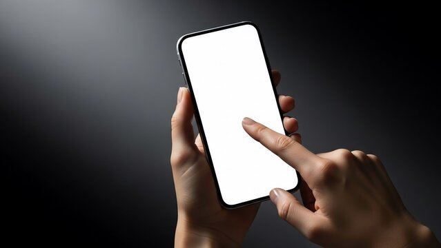 Close-up of a person's hands interacting with a modern mobile device featuring a blank white screen for mockup purposes, isolated on a dark background