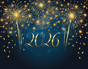 Złoty napis 2026 i fajerwerki na niebieskim tle. Sylwester, Nowy Rok © Monika