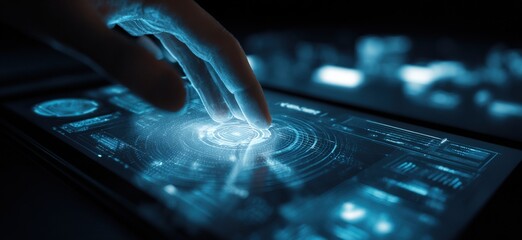 Hand touching glowing futuristic digital interface with glowing data displays