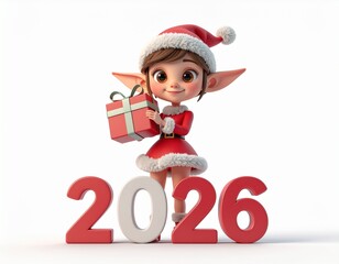 Fototapeta na wymiar Elf trzymający prezent, obok napis 2026. Noworoczne tło