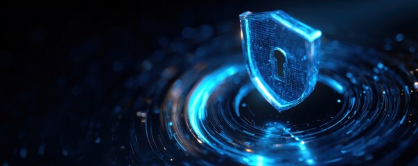 Glowing digital shield with keyhole symbol, abstract blue light effects