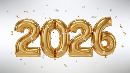 3d illustration of golden 2026 balloon numbers isolated on white background, symbolizing the upcoming year with confetti, perfect for new year celebrations and events