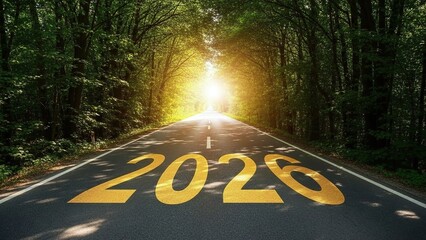 3d illustration of the road to 2026 a journey through a forest tunnel, illuminated by the bright light at the end, symbolizing hope and new beginnings for the coming year