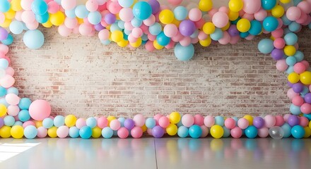 Colorful pastel balloon garland framing a brick wall for a festive celebration background