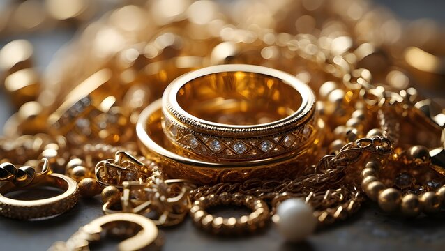 Close-up of a luxurious collection of assorted gold jewelry and diamond rings