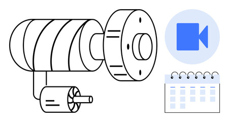 Industrial motor, rotor, video call icon, and calendar symbolizing automated workflow, scheduling, and collaboration. Ideal for technology, engineering, manufacturing productivity planning