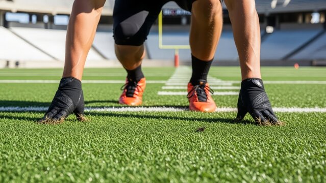 Dynamic low-angle shot of an athlete in a focused starting stance on a vibrant green artificial turf field, poised for explosive acceleration and intense competition