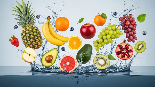 Assorted fresh fruits splashing into water against a light blue background healthy