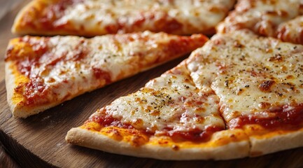 Close-up pizza slices, melted cheese, red sauce