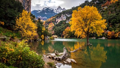 Autumnal lake view with colorful foliage and distant snow-capped mountain under a cloudy sky reflecting in the water