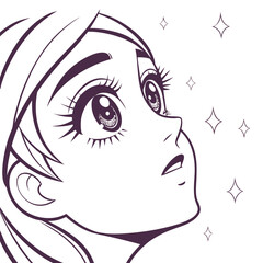 Anime girl looking up at stars in line art