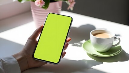 Hand holding a smartphone with a green screen next to a cup of coffee and a potted plant on a table
