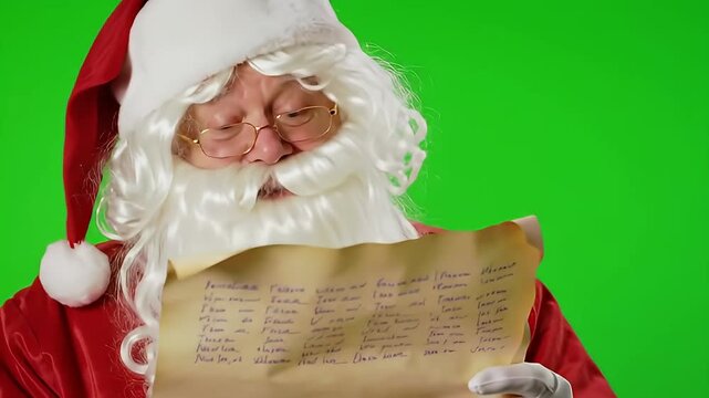 Santa Claus Reading Long Wish List Scroll on Green Screen