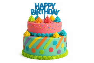 Colorful two tier birthday cake celebrating a special occasion with happy birthday text, transparent background