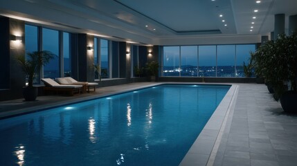 Fototapeta premium Serene Interior Space with Reflecting Pool and Blue Toned Ambient Lighting