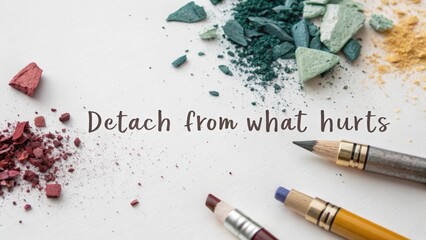 Flat lay of makeup pigment fragments on a clean white surface