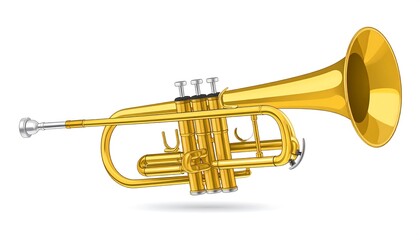 Obraz premium A shiny, golden brass instrument. Its valves, tubing, and bell are clearly visible, casting a subtle shadow on a white background