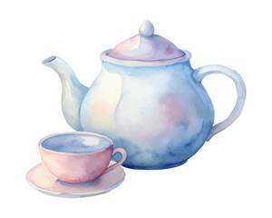 Teapot and Teacup Watercolor Element vector illustration isolated on white background