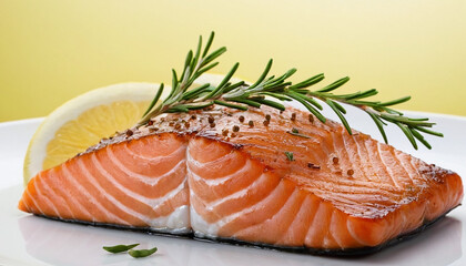 Red salted fish on a cutting board with rosemary and lemon
9