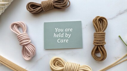 Flat lay of rope knots with motivational card on smooth surface