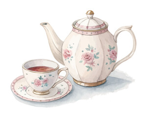 Teapot and Teacup Watercolor Element vector illustration isolated on white background