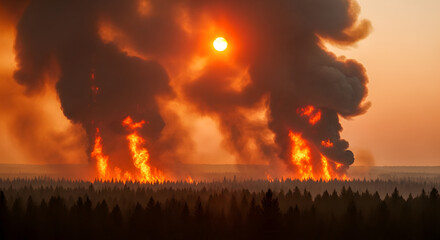 Fototapeta premium Dramatic scene of a devastating forest fire raging across a vast landscape under a smoky orange sky as the sun sets, casting an ominous glow over the environmental disaster and its destructive impact