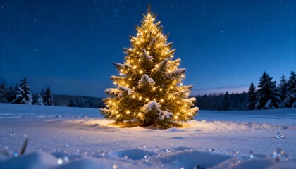 Illuminated Christmas Tree in a Snowy Field Under a Dark Winter Night Sky