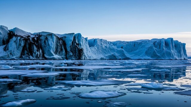 Majestic Iceberg Formations Reflecting in Calm Arctic Ocean Waters Under Clear Sky