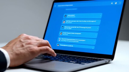 Close Up of a Laptop with Chat Interface on Screen Displaying Blue Accents with Person Typing On Gray Laptop Keyboard With Natural Lighting - Powered by Adobe