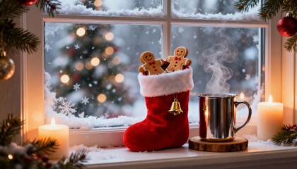 Cozy Window Scene with Steaming Mug, Stocking with Gingerbread Men, and Snowy View