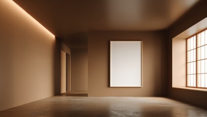 Obraz premium Warm, modern interior with large blank canvas and natural light