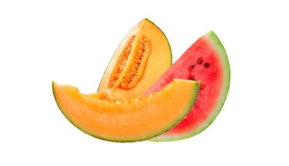 Cantaloupe and Watermelon Slices Combination on White Background. Fresh cantaloupe and watermelon slices side by side, symbol of summer freshness and tropical flavor.