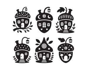Acorn Fairy House with lantern Silhouette Vector illustration design set collection, fairy lantern vector, whimsical acorn house illustration, magical forest silhouette, enchanted fairy home vector, 