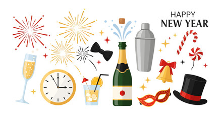 Vibrant New Year's Eve celebration collection featuring festive elements like champagne, fireworks, a countdown clock, and party accessories in a flat vector style