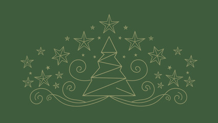 Elegant line art illustration of a geometric Christmas tree surrounded by stars and swirls on a green background.