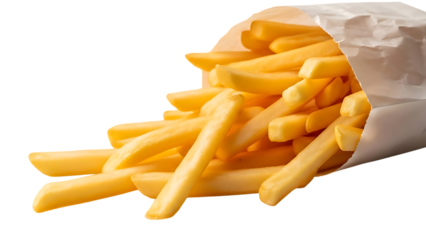 French fries spilling out of a white paper bag potato