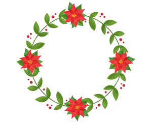 Poinsettia Wreath Frame. Christmas winter red flower painted by watercolor. Frame for greeting card, poster, flyer and banner.	