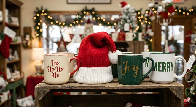 A festive display of holiday mugs and a knitted Santa hat on a rustic wooden - Powered by Adobe