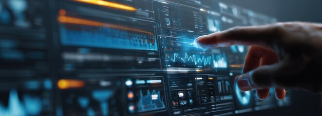 Close-up of a hand interacting with a complex digital interface, glowing blue